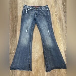 V-Blue Low Rise Distressed Flare Jeans Union Jack Pockets Size 11/12